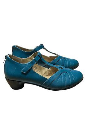 Comfortview Womens Celine Teal T-Strap Heels 10W Faux Leather 1.5" Block Heel